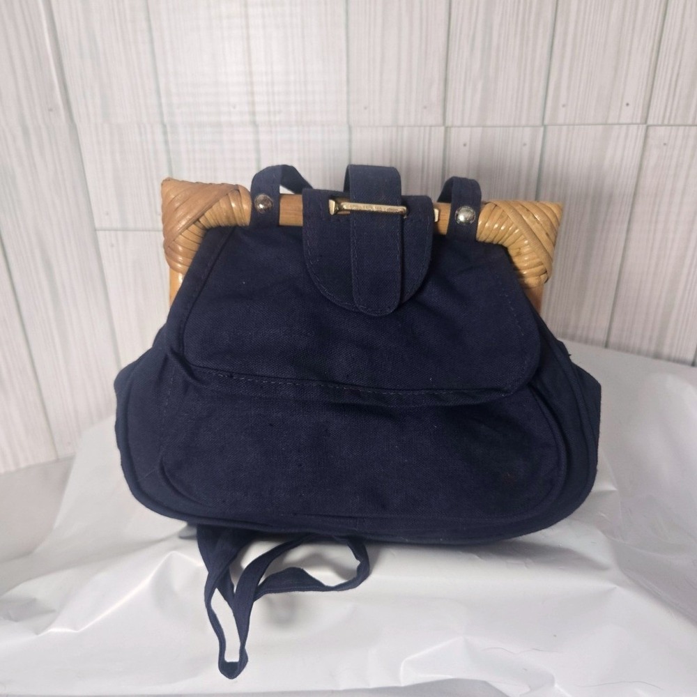 Holiday Fair Navy Blue Canvas Crossbody Bag‎ Woven Wood Frame Made in Hong Kong
